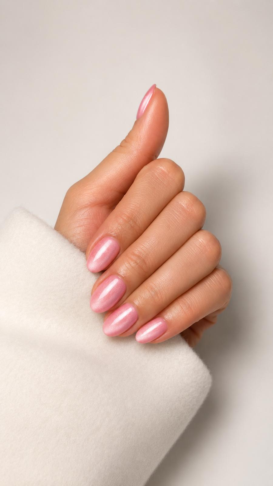 Rosé pink cat eye press-on nails, short almond