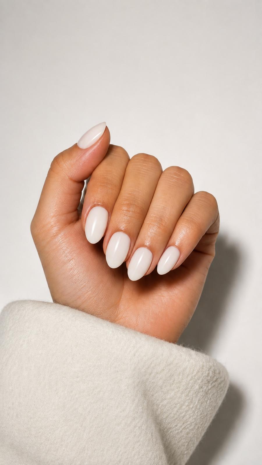 SYLK Nails. Coco Press-On Nails with in milky white and coconut finish, short almond.